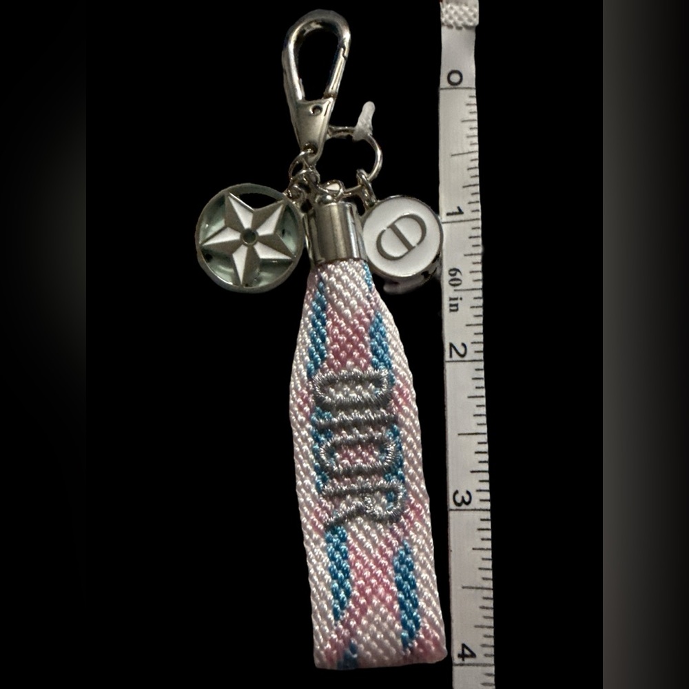 New in Box Embroidered Dior Pink and Blue GWP Woven Keychain with Silver Accents - Picture 3 of 5